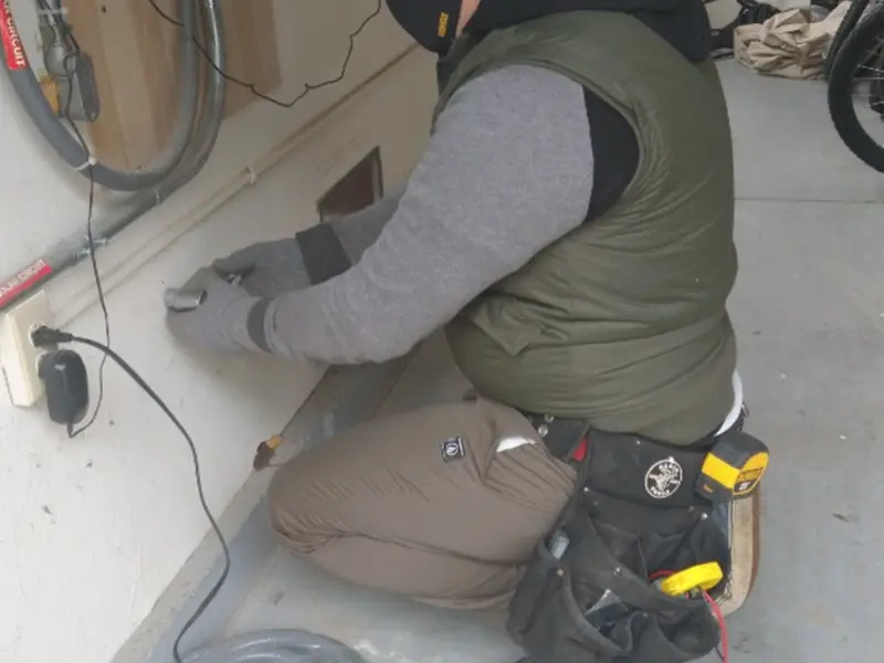 Electrician performing outlet wiring in a Bernalillo garage